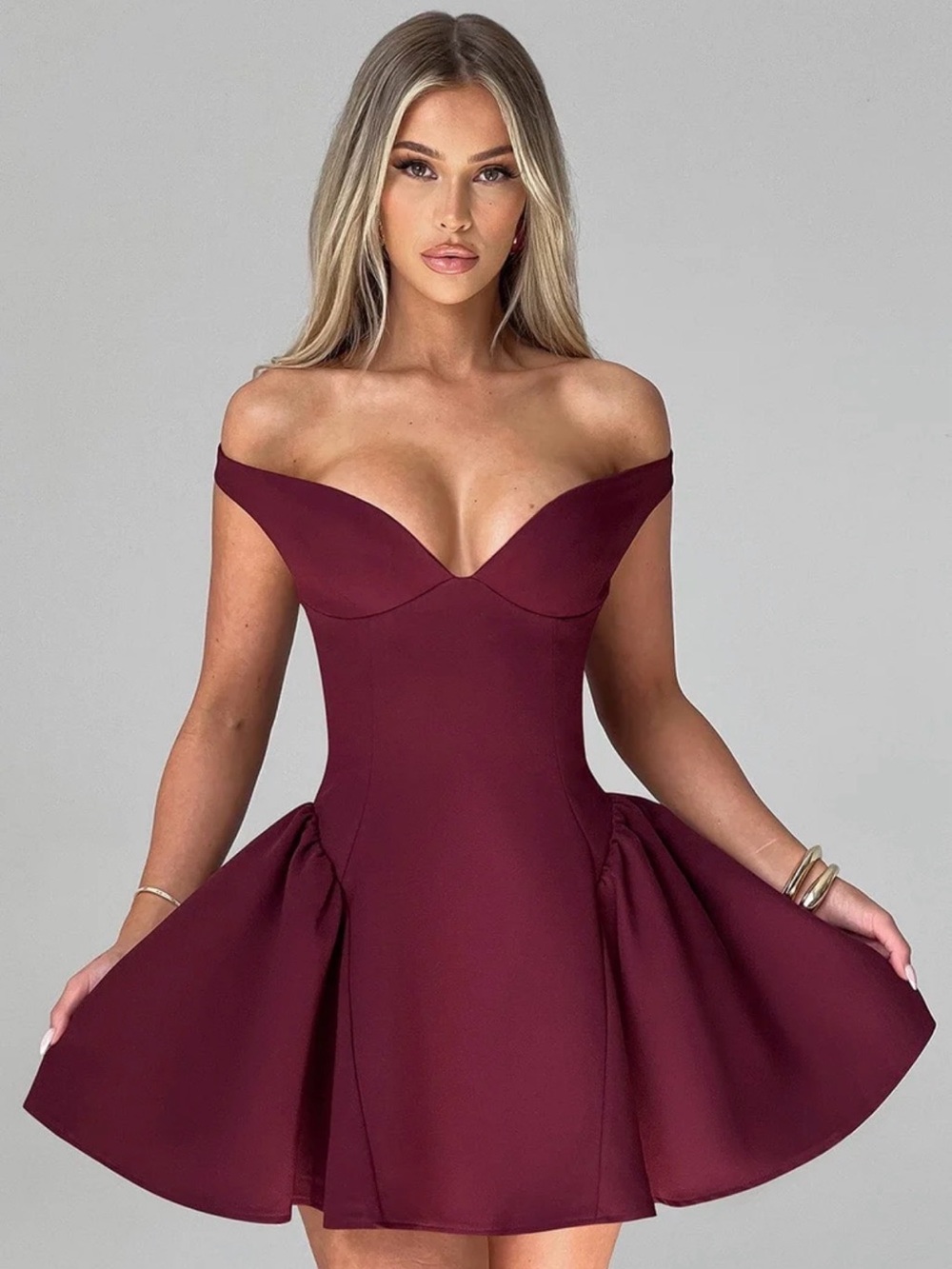 Off-Shoulder Wine Mini Dress with Flared Skirt